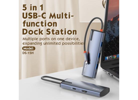 LDNIO DS-15H High Quality 5 in 1 Multiport Type C 100W Power Docking Station USB-C Hub Adapter for Laptop OEM Support - Gray